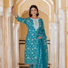 Dhiyona VR Women's Blue Printed Round Neck Straight Kurta With Bottom And Dupatta