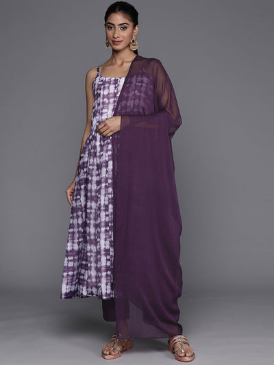 Indyancart VR Women's Violet Spaghetti Strap Anarkali Kurta Paired With Tonal Bottom And Tonal Solid Dupatta