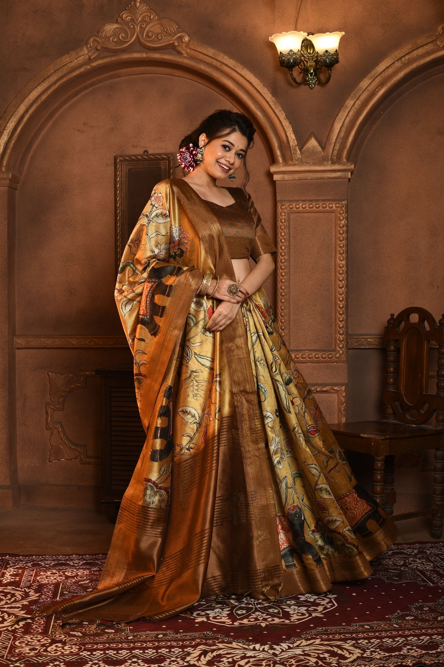Dhiyona GR Women's Gold & Brown Soft Ghicha Tussar Silk Saree with Beautiful Kalamkari Printed Work