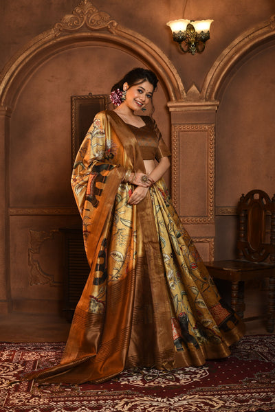 Indyancart GR Women's Gold & Brown Soft Ghicha Tussar Silk Saree with Beautiful Kalamkari Printed Work
