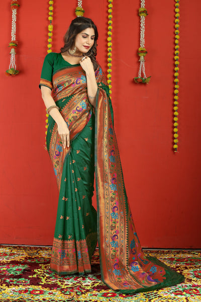 Indyancart GR Women's Fancy Mor Bottle Green Zari Paithani Silk Saree
