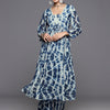Dhiyona VR Women's Blue Shibori Printed V-Neck A-Line Kurta Paired With Tonal Printed Bottom