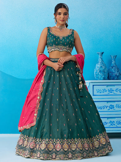 Teal- Cosmos Silk Beads & Sequins Embroidered Semi-Stitched Lehenga & Unstitched Blouse With Dupatta