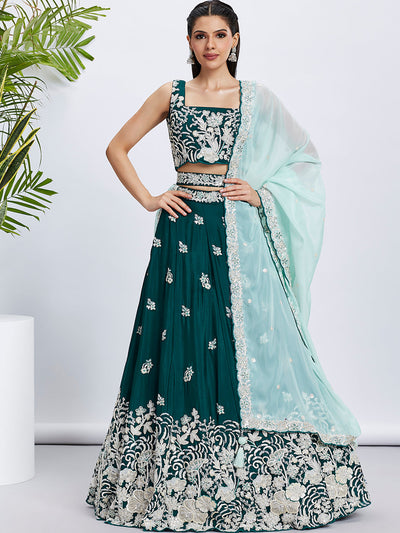 Women Green Pure Georgette Sequins and thread embroidery  Lehenga choli & Dupatta