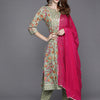 Dhiyona VR Women's Floral Printed Embroidered Kurta With Straight Pant And Chiffon Dupatta