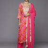 Dhiyona VR Women's Pink And Yellow Lehariya, Gota Embroidered Yoke Straight Kurta Paired With Tonal Bottom And Tonal Dupatta