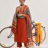 Dhiyona VR Women's Rust Yoke Embroidered Straight Kurta Paired With Tonal Bottom And Contrast Printed Dupatta