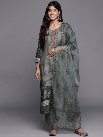 Indyancart VR Women's Green Floral Printed Straight Kurta Paired With Tonal Bottom And Tonal Organza Embroidered Dupatta