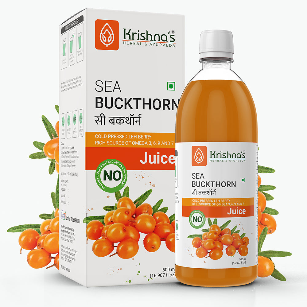 Bottle of Krishna's Herbal & Ayurveda Sea Buckthorn Juice, an Ayurvedic drink with vibrant orange color and fresh fruit label.