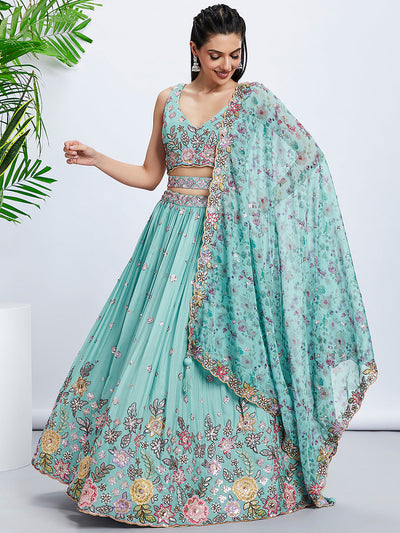 Women Turquoise blue Chiffon Sequins and thread embroidery  Lehenga choli & Printed Dupatta