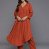 Dhiyona VR Women's Rust Empire Gathered Details A-Line Kurta Paired With Tonal Bottom