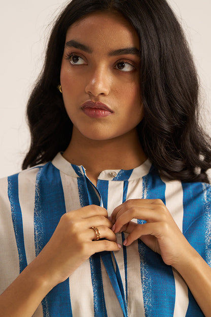 Women's Blue and Cream Stripe Print Co-ord Set
