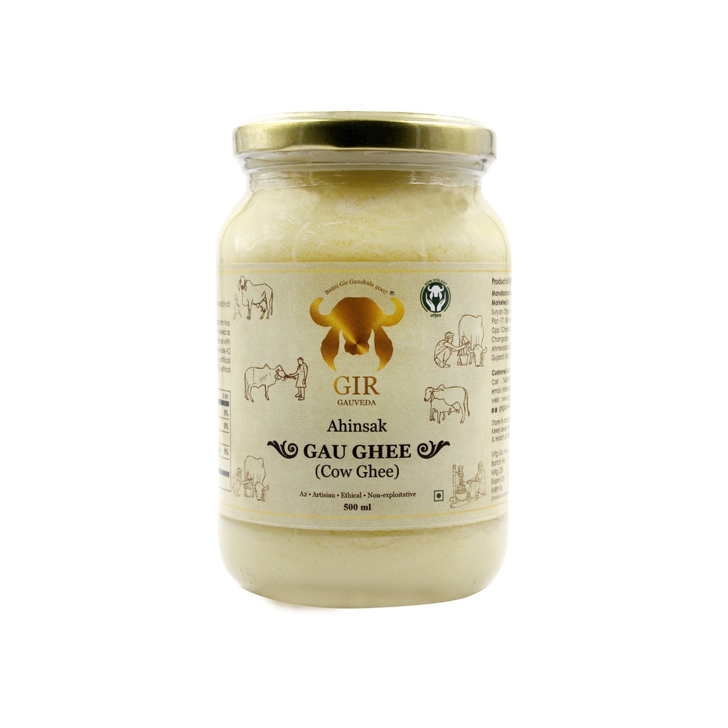Gir Ahinsak Gau Ghee A2 Bilona from Gir Gauveda, traditional pure breed cow ghee with rich golden color and smooth texture.