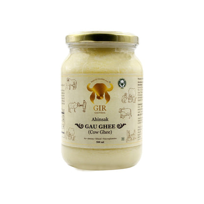 Gir Ahinsak Gau Ghee A2 Bilona from Gir Gauveda, traditional pure breed cow ghee with rich golden color and smooth texture.