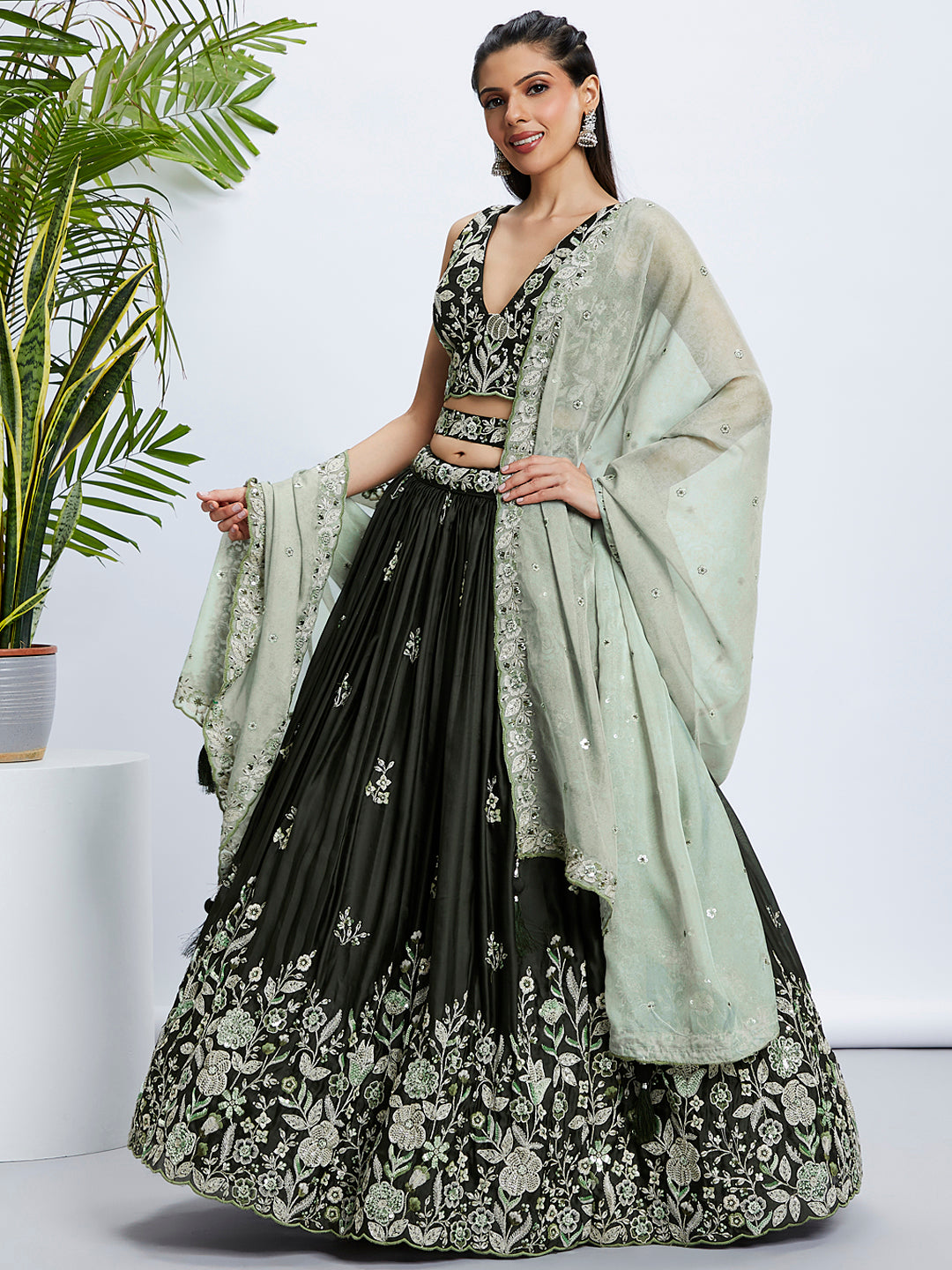 Women Olive Pure Georgette Sequins and thread embroidery  Lehenga choli & Dupatta
