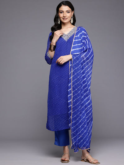 Indyancart VR Women's Navy Blue Bandhani Zari And Sequins Emboridered Kurta Set With Dupatta