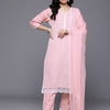 Dhiyona VR Women's Peach V Neck Chickankari Embroidered Kurta With Tonal Bottom And Chiffon Dupatta