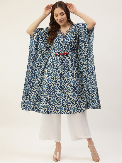 Women's Floral Printed Blue Cotton Kaftan