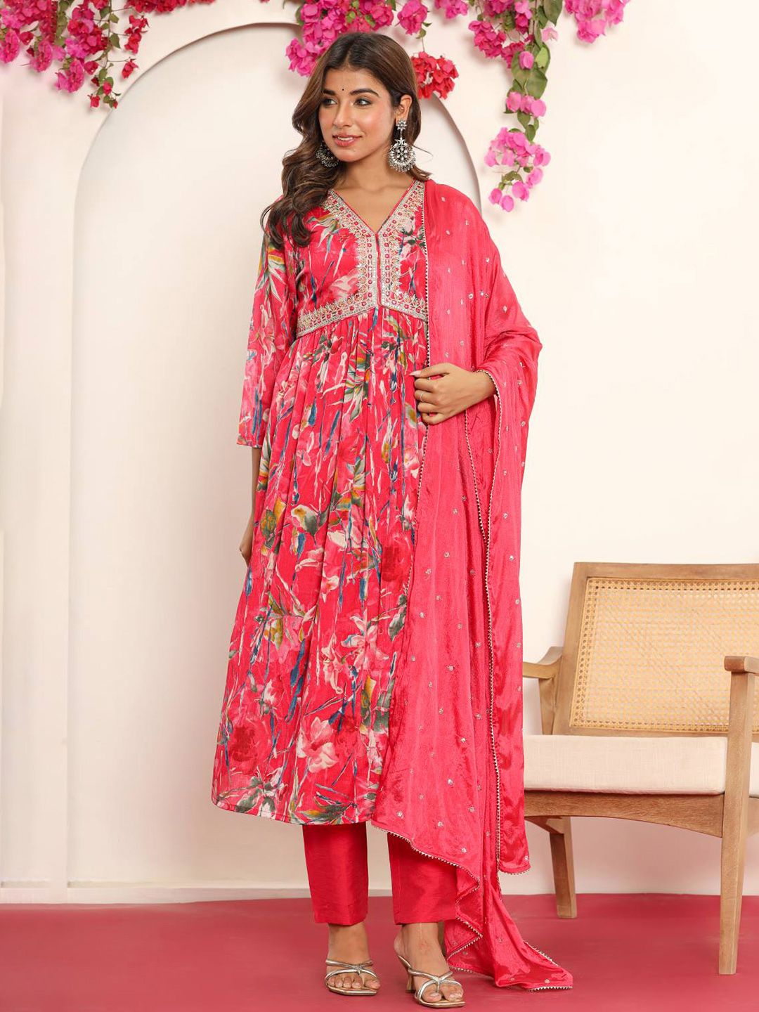 Indyancart VA Women'sPink Gotta Patti Floral Embroidered V- Neck Empire Kurta With Trousers & Dupatta