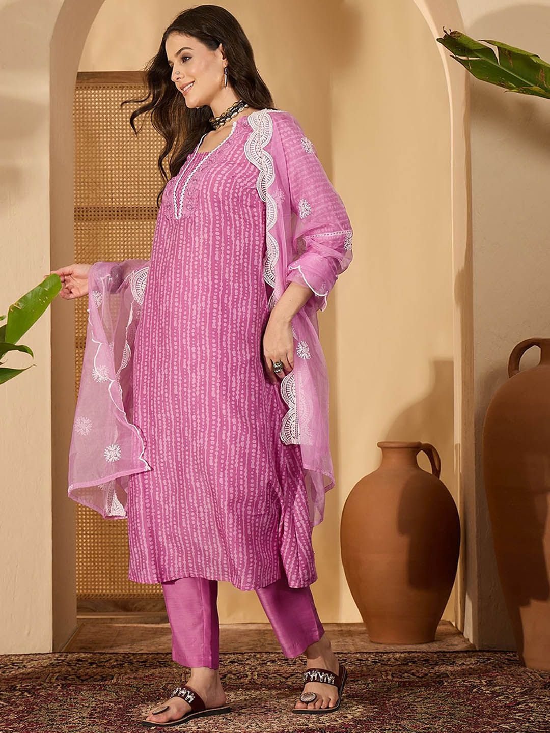 Indyancart SN Women's Abstract Printed & Embroidered V-Neck A-Line Kurta With Trousers And Dupatta