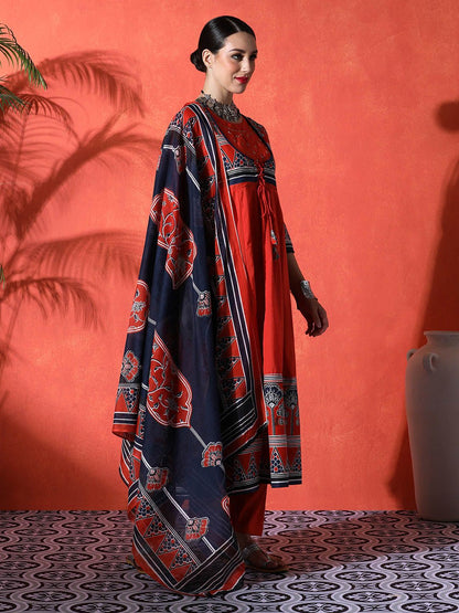 Indyancart SN Women's Floral Embroidered 100% Cotton Round Neck Kurta & Trousers With Dupatta