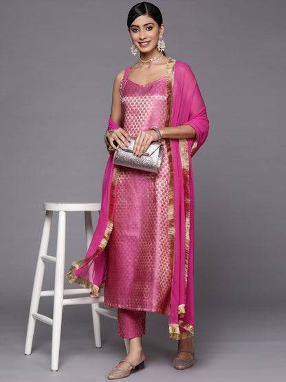Indyancart VA Women's Fuchsia Kurta with Trousers & With Dupatta