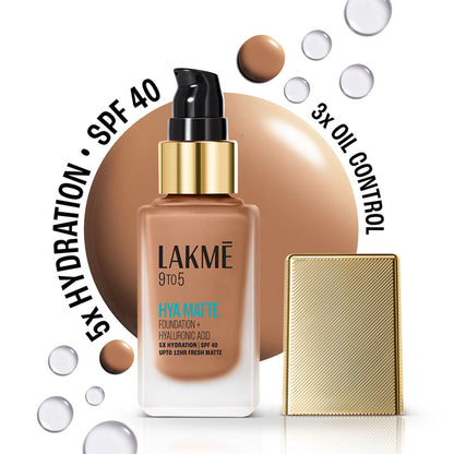 Lakme 9to5 Hya Matte Foundation with Hyaluronic Acid in Neutral Chestnut shade, showing the product bottle with beige liquid inside.