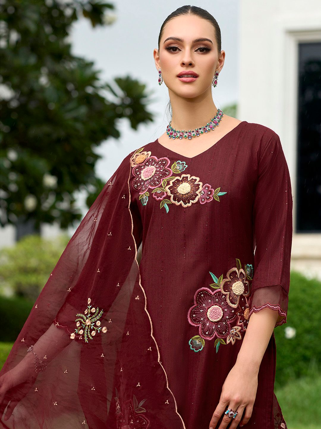 Maroon Floral Embroidered Thread Work Kurta with Trousers & Dupatta
