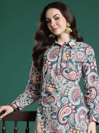 Indyancart IE Paisley Printed Pure Cotton Kurta with Salwar