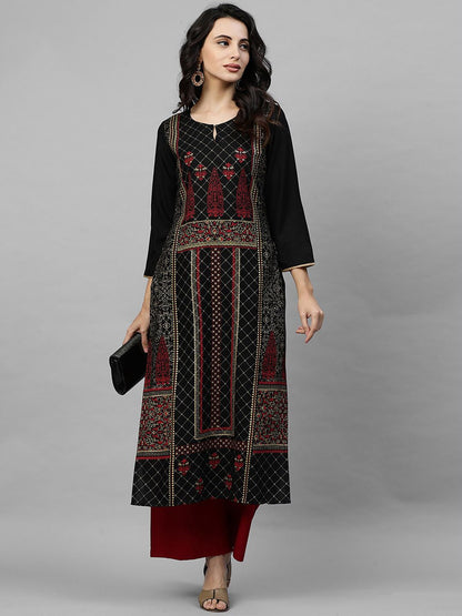 Indyancart IE Women Black & Maroon Floral Print A-Line Kurta