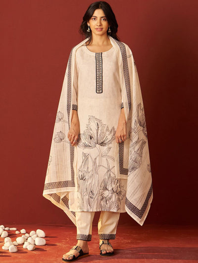 Indyancart IE Floral Printed Linen Kurta With Trousers & Dupatta