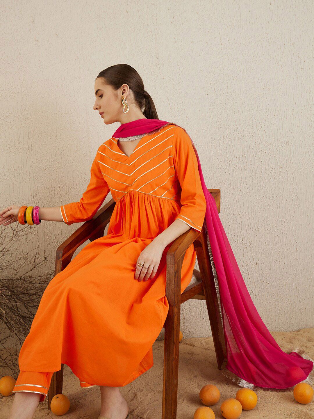 Indyancart IE V Neck Empire Gotta Patti Pure Cotton Kurta Set