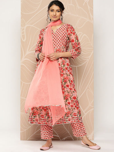 Indyancart VA Women'sFloral Printed Empire Gotta Patti Pure Cotton Kurta With Trousers & Dupatta