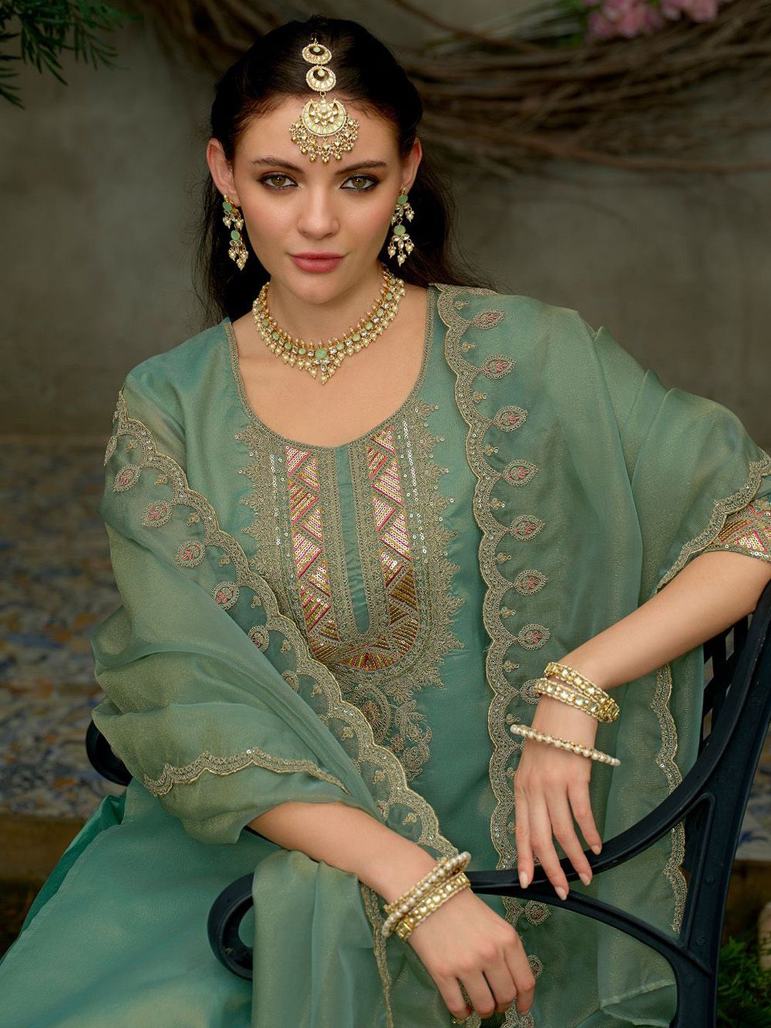 Indyancart IE Women's Ethnic Motifs Embroidered Kurta with Trousers & Dupatta