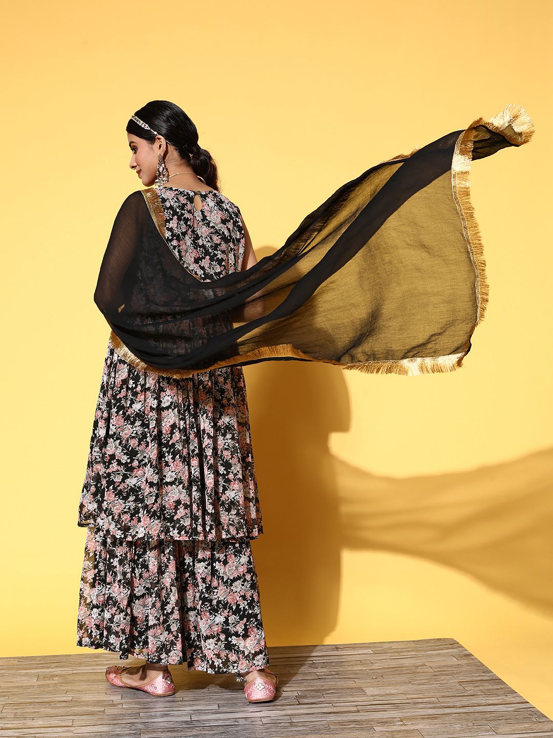 Indyancart VA Women Black Floral Printed Pleated Kurta with Sharara & With Dupatta
