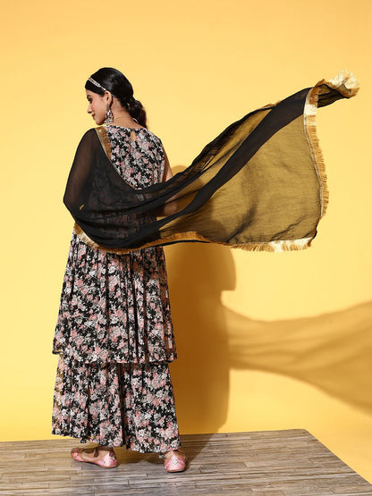 Indyancart VA Women Black Floral Printed Pleated Kurta with Sharara & With Dupatta