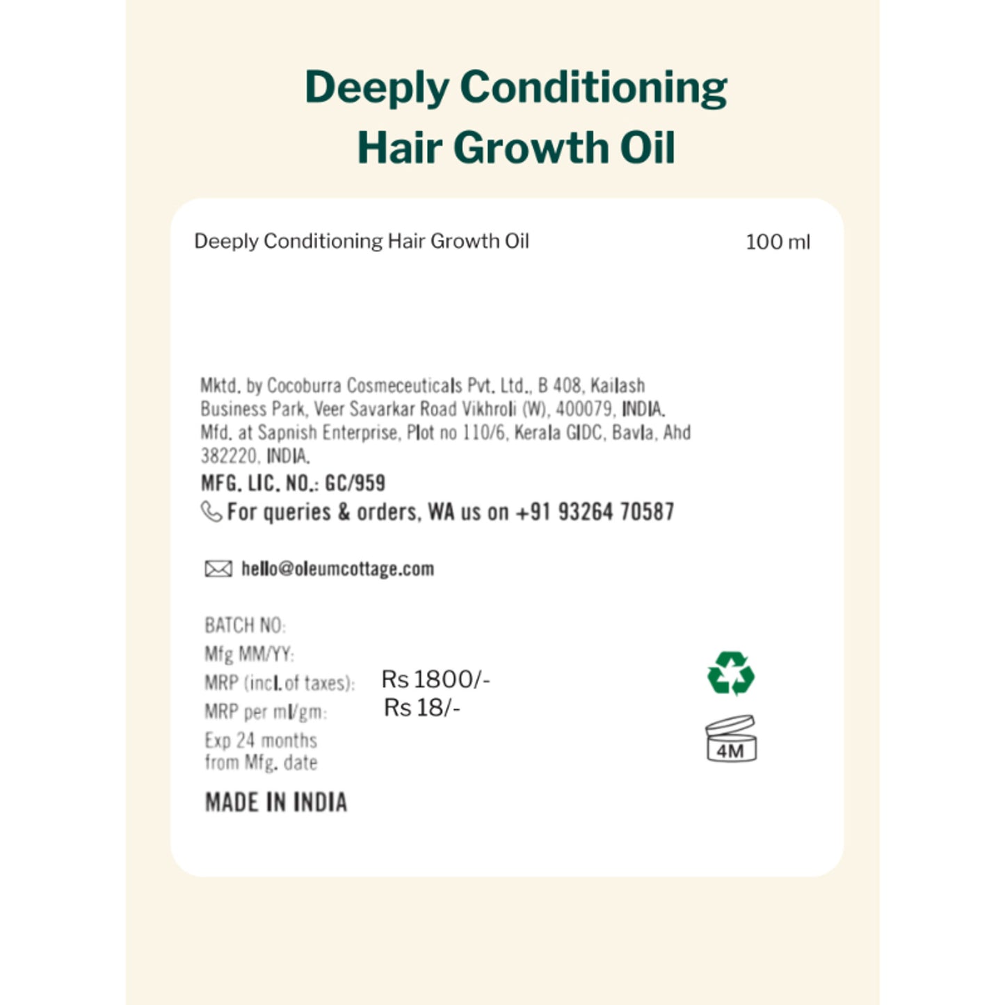 Oleum Cottage Deeply Conditioning Hair Spa Oil For Hair Fall, Alopecia & Balding