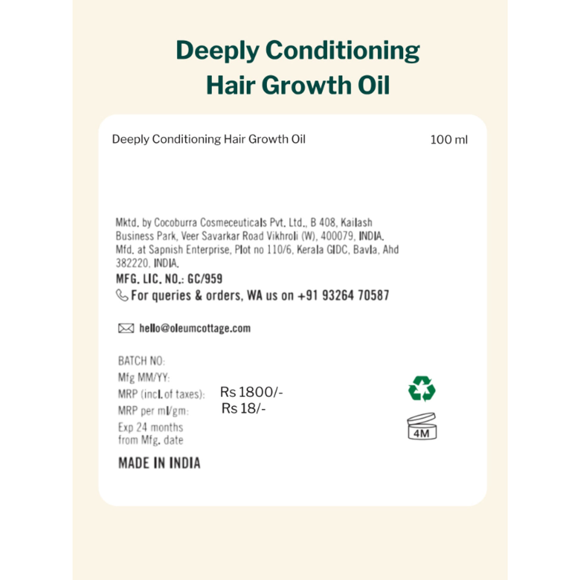Oleum Cottage Deeply Conditioning Hair Spa Oil For Hair Fall, Alopecia & Balding