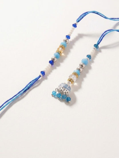 Anouk Set Of 2 Blue Artificial Beads Jhumka Design Bhaiya Bhabhi Rakhi With Roli Chawal