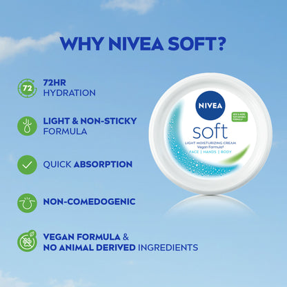 NIVEA Soft Moisturizing Cream Vitamin E Face Cream, Body Moisturizer 72H Hydration Dry & Normal Skin