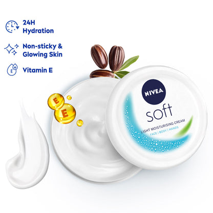 NIVEA Soft Moisturizing Cream Vitamin E Face Cream, Body Moisturizer 72H Hydration Dry & Normal Skin
