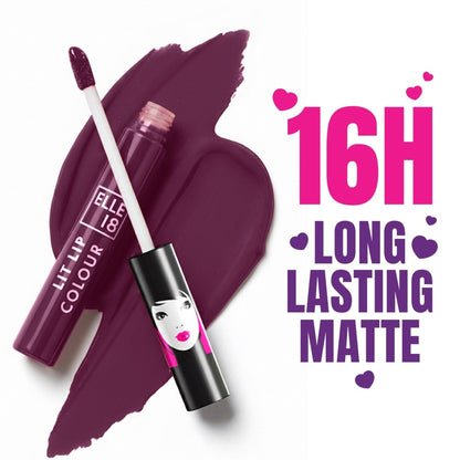 Elle 18 Liquid Lip Color in Sangria Blanca, a vibrant red shade, displayed in a sleek tube with applicator.