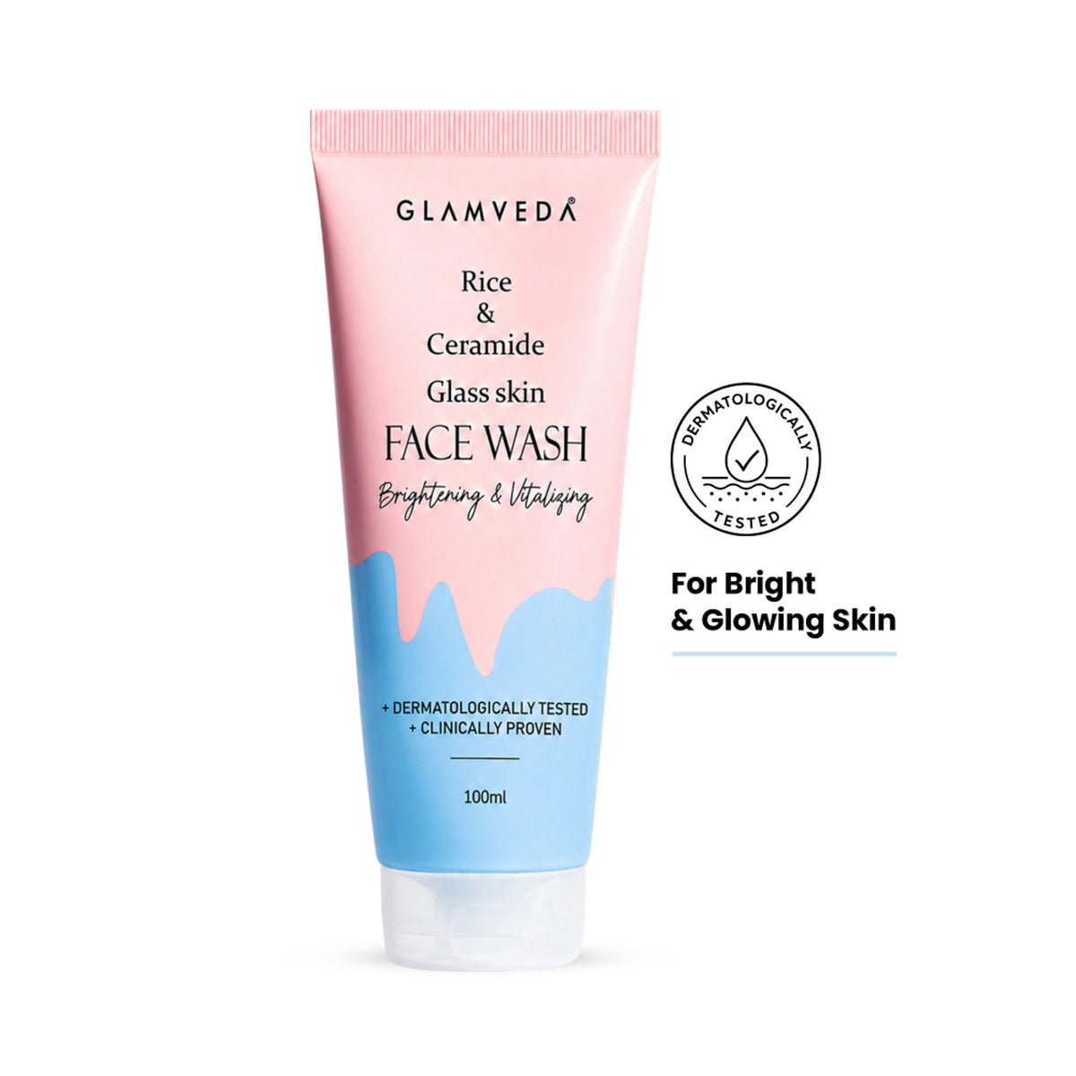 Glamveda Rice Water and Ceramide glass skin brightening face wash in a clear bottle with a pump dispenser