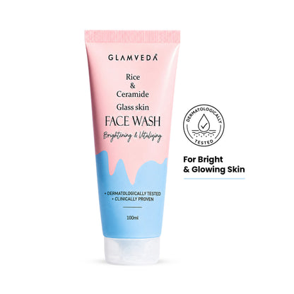 Glamveda Rice Water and Ceramide glass skin brightening face wash in a clear bottle with a pump dispenser