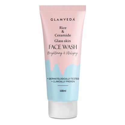Glamveda Rice Water and Ceramide Glass Skin Brightening Face Wash in a clear bottle with a white cap, showing the product label.