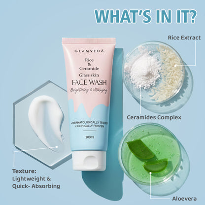 Glamveda Rice Water and Ceramide Glass Skin Brightening Face Wash in a clear bottle with a pump dispenser.