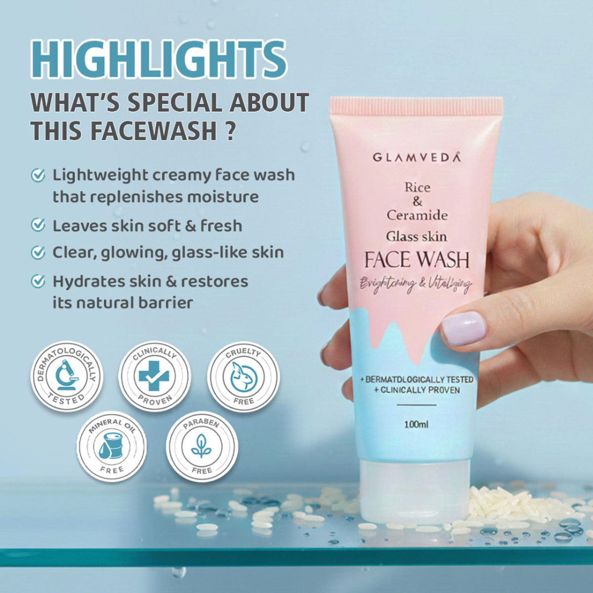 Glamveda Rice Water and Ceramide Glass Skin Brightening Face Wash in a clear pump bottle with white and pink packaging.