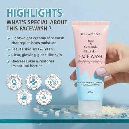 Glamveda Rice Water and Ceramide Glass Skin Brightening Face Wash in a clear pump bottle with white and pink packaging.