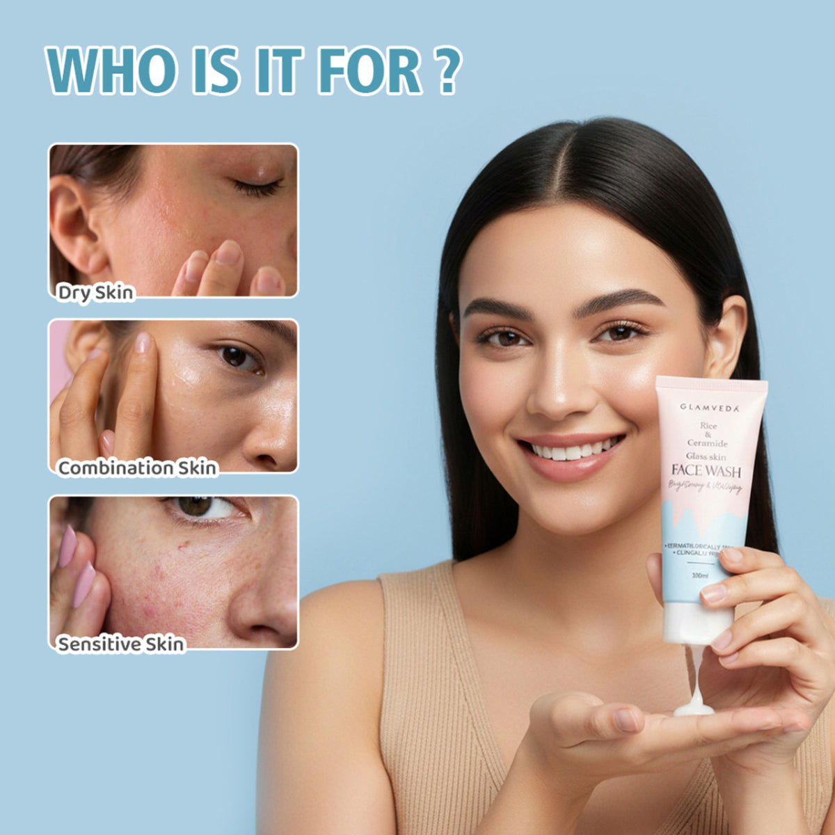 Glamveda Rice Water and Ceramide glass skin brightening face wash in a clear bottle with a white cap, showing fresh product inside.