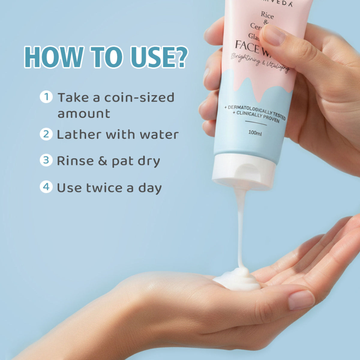 Glamveda Rice Water and Ceramide Glass Skin Brightening Face Wash in a pump bottle with clear liquid and label displaying ingredients.